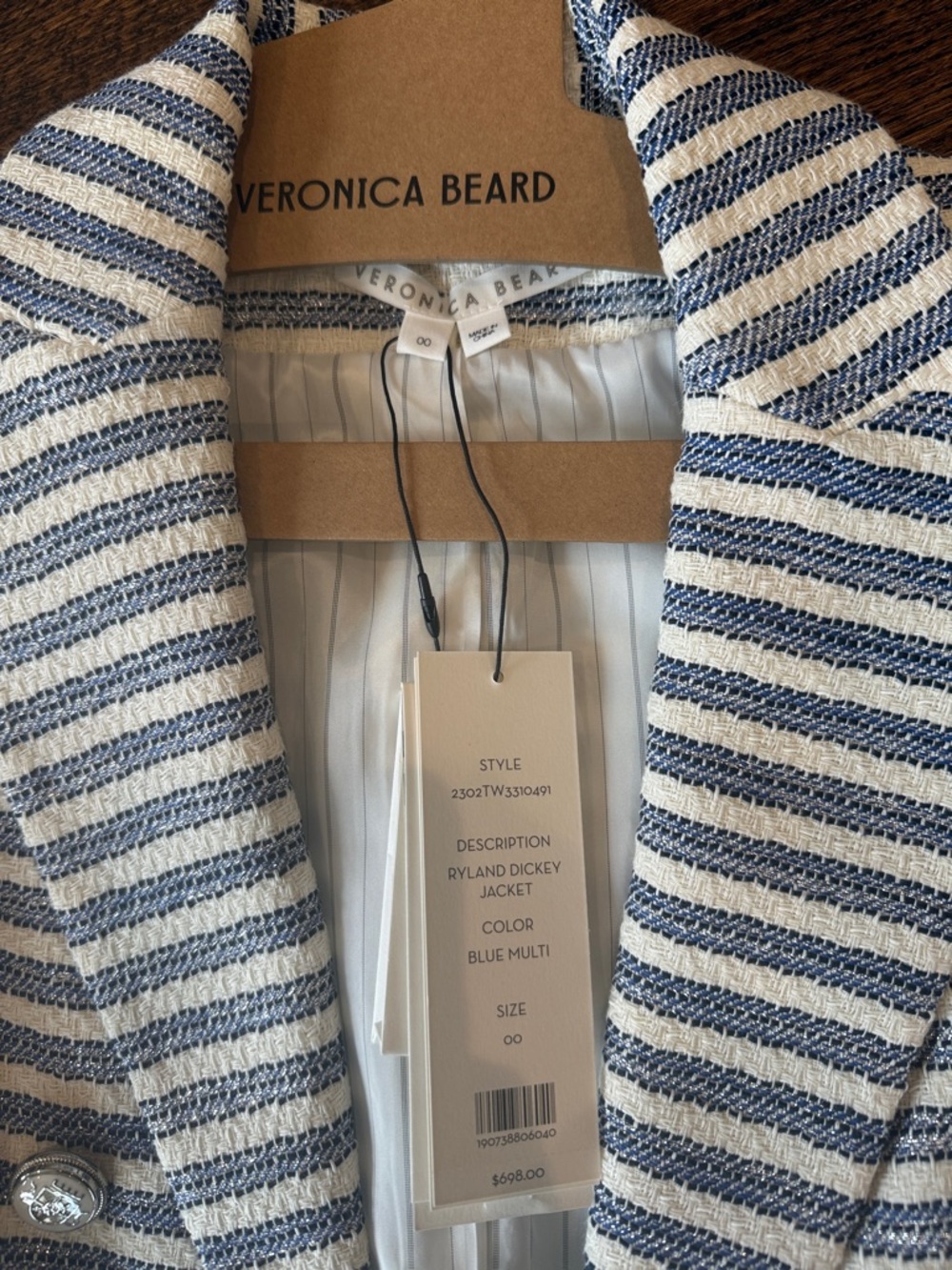 Veronica Beard Blue & White Striped Double-Breasted Blazer - Picture 3 of 5
